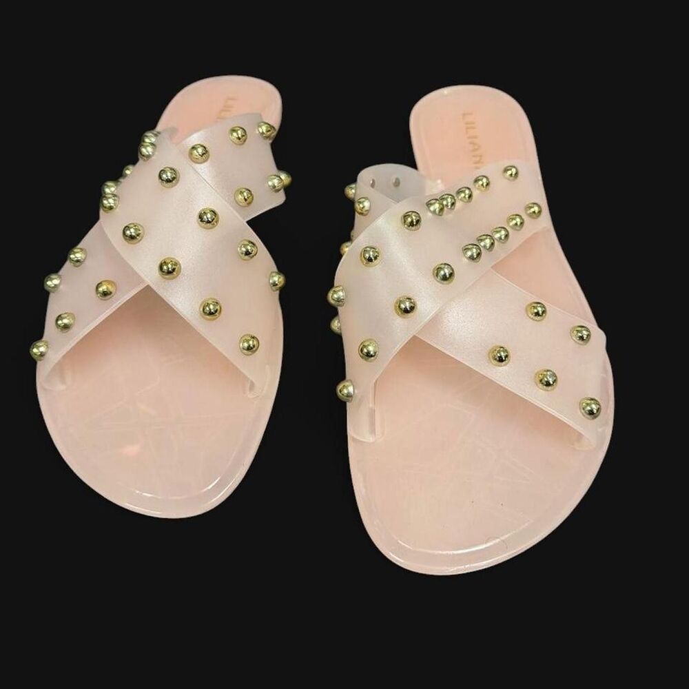 Liliana Women's Pink and Gold Slides Size 9/10